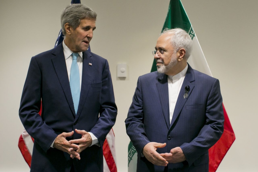 United States Secretary of State John Kerry poses with Foreign Affairs Minister of Iran Javad Zarif during a bilateral talk at the United Nations headquarters