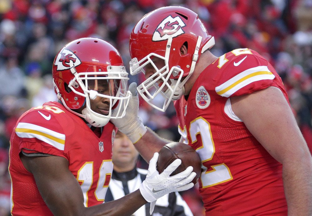 Wide receiver Jeremy Maclin left and offensive tackle Eric Fisher helped the Chiefs win 10 straight games after starting the season 1-5. Kansas City is a three-point favorite to beat Houston in their wild-card matchup