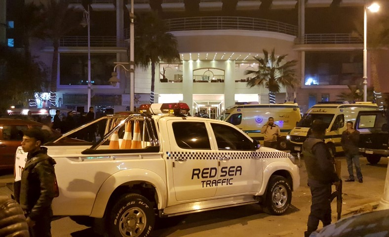 Security is ramped up outside a hotel where two attackers opened fire in the Egyptian Red Sea resort town of Hurghada. REUTERS  Stringer