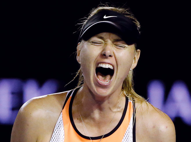 Maria Sharapova of Russia celebrates after winning a point against Belinda Bencic of Switzerland during their fourth round match at the Australian Open tennis championships in Melbourne Australia Sunday Jan. 24 2016