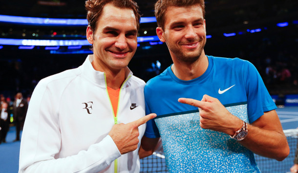 NEW YORK- MARCH 10 Roger Federer of Switzerland and Grigor Dimitrov of Bulgaria pose for