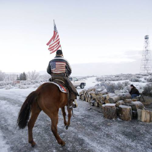 Ehmer of Irrigon Ore. a supporter of the group occupying the Malheur National Wildlife Refuge rides his horse at Malheur National Wildlife Refuge Friday Jan. 8 2016 near Burns Ore. Three Oregon sheriffs met with leaders of an