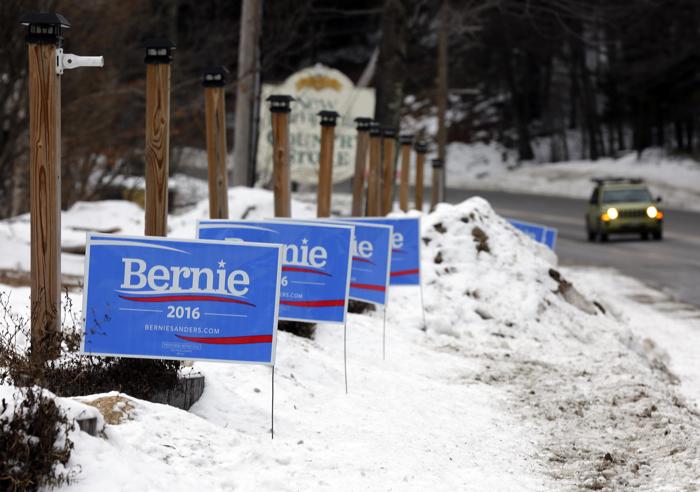 Signs for Democratic presidential candidate Sen. Bernie Sanders I-Vt are seen on New Hampshire's back roads Friday Jan. 15 2016 in Tamworth N.H