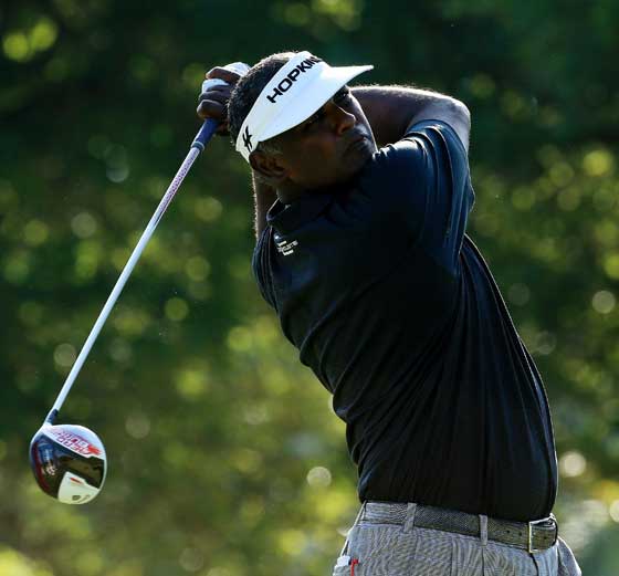 Vijay Singh of Fiji plays his shot from the first tee during the first round of the Sony Open In Hawaii at Waialae Country Club on Friday in Honolulu Hawaii. AFP