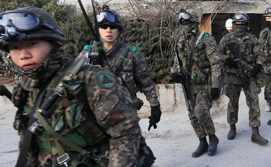 South Korean army soldiers gather to search for suspected North Korean leaflets in Seoul South Korea. Pic AP