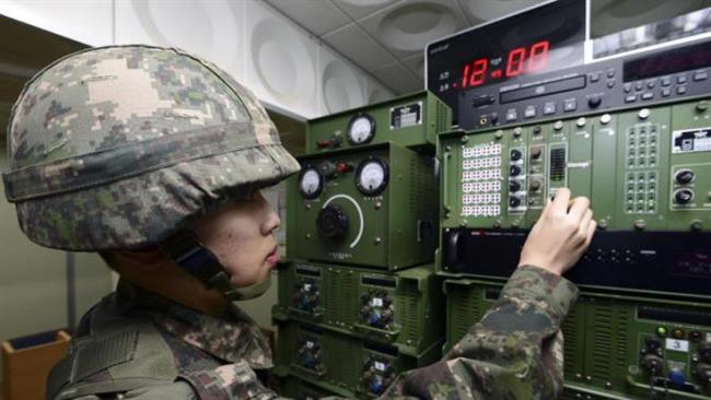 A South Korean soldier adjusts equipment used for the propaganda broadcasts at a studio near the border with North in Yeoncheon South Korea Jan. 8 2016