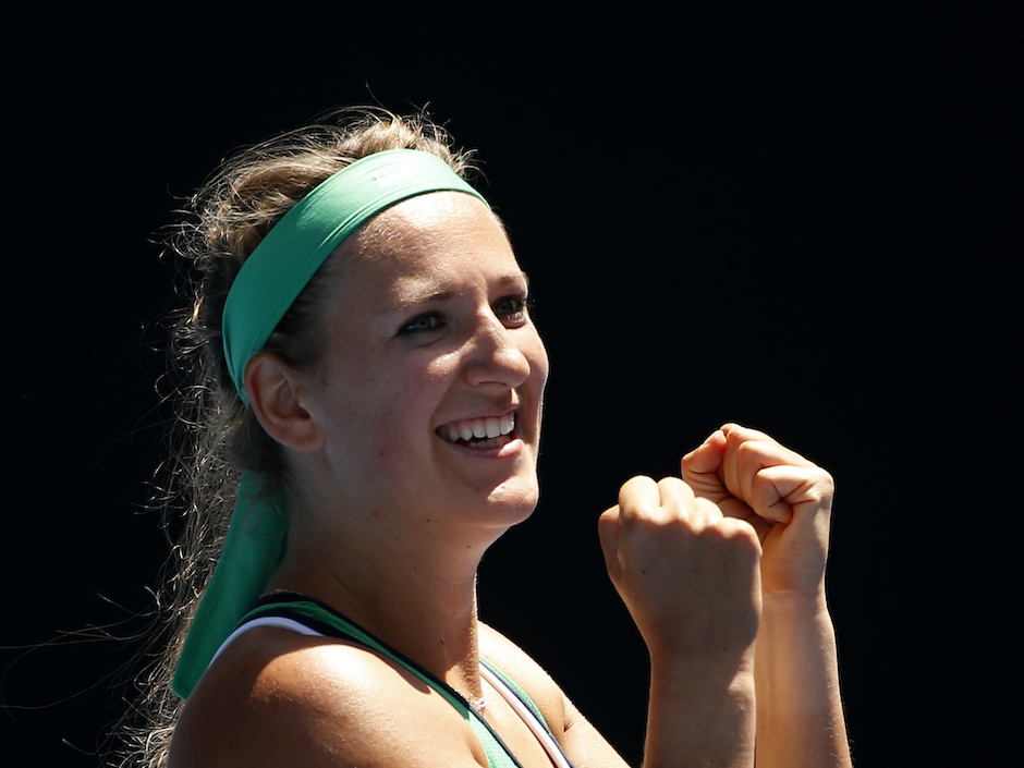 Victoria Azarenka of Belarus celebrates after defeating Barbora Strycova of the Czech Republic during their fourth round match at the Australian Open tennis championships in Melbourne Australia Monday Jan. 25 2016