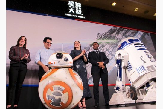 From left Star Wars producer Kathleen Kennedy director J.J. Abrams actress Daisy Ridley and actor John Boyega at a Chinese press conference in December. The Force Awakens which had its China première over the weekend now has $1.73 billion