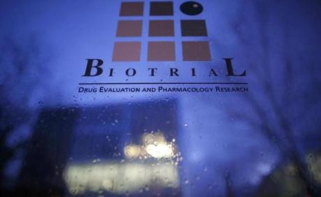 A logo was seen on a glass sign in front of the entrance of the Biotrial laboratory building in Rennes France