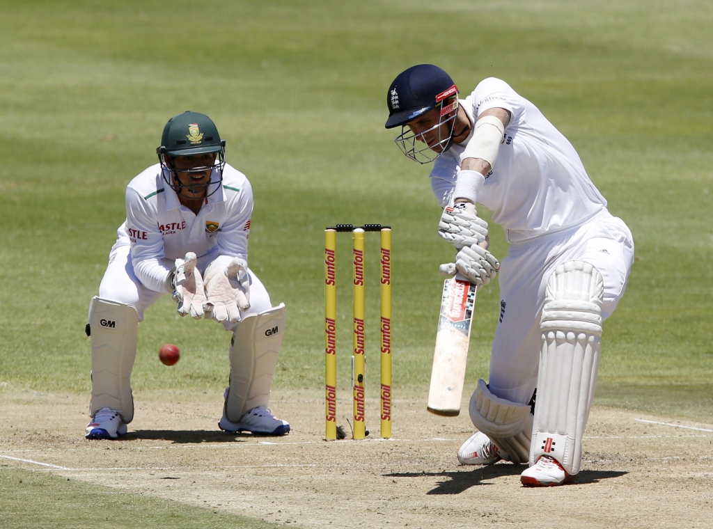 Hales plays a shot with South Africa's de Kock during the second cricket test match in Cape Town