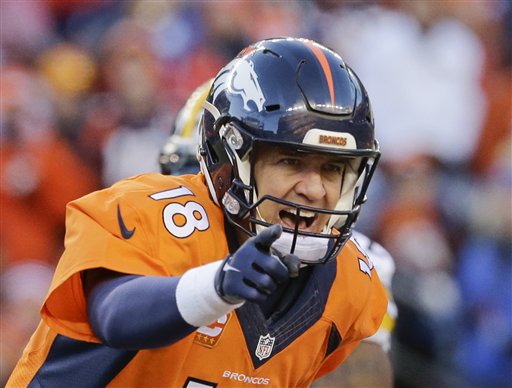 Denver Broncos quarterback Peyton Manning yells to his team during the second half in an NFL football divisional playoff game against the Pittsburgh Steelers Sunday Jan. 17 2016 in Denver