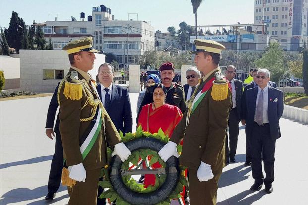 External affairs minister Sushma Swaraj laying a wreath at the mausoleum of late Palestinian leader Yasser Arafat in Ramallah Palestine on 17 January 2016