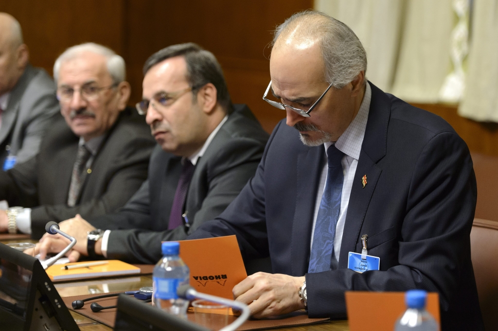 Syrian chief negotiator Bashar al-Jaafari Ambassador of the Permanent Representative Mission of the Syria to UN New York sits after arriving for the round of negotiation between the Syrian government and the opposition in Geneva Switzerland 29 January