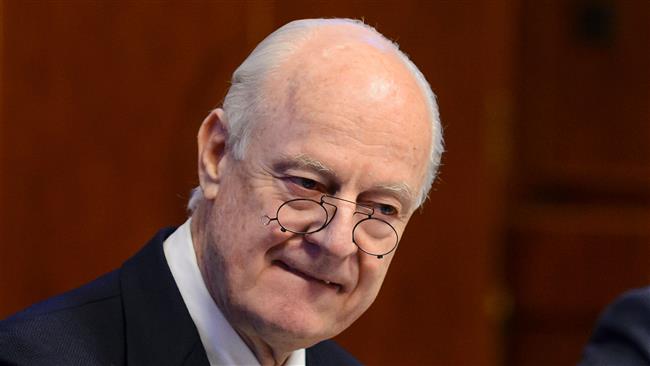 United Nations Syria envoy Staffan de Mistura looks on at the opening of a meeting with ambassadors from the five permanent members of the UN Security Council