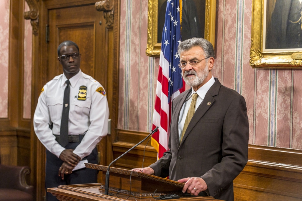 Cleveland Mayor Frank Jackson speaks to reporters in the Mayor's Conference Room at City Hall on Decmeber 28 2015 in Cleveland Ohio. Earlier that day a grand jury declined to bring charges against either of the two police officers involved in the fatal