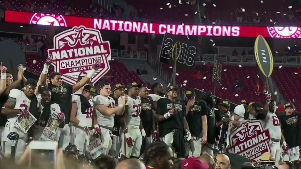 The Alabama Crimson Tide celebrate their 16th National Championship in Glendale Arizona after beating Clemson on Jan. 11 2016