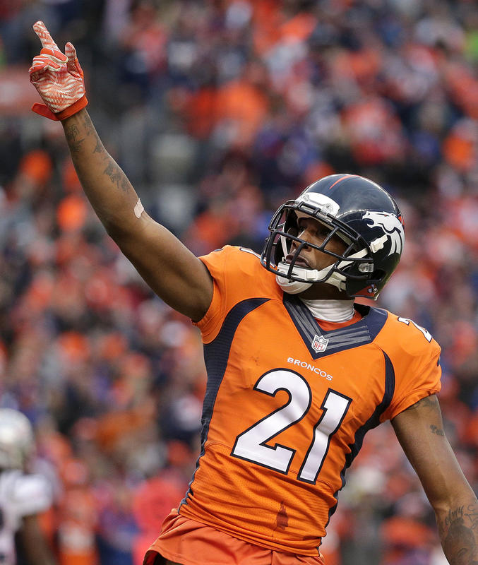 The Associated Press   Aqib Talib celebrates after breaking up a pass intended for Rob Gronkowski during the second half