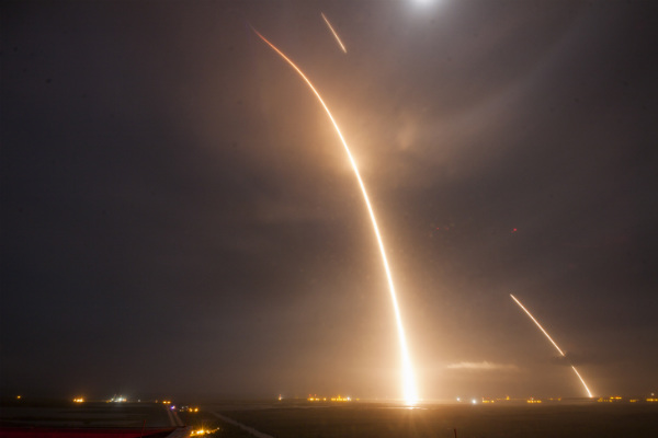 The Falcon 9 rocket's launch re-entry and landing were all captured by Space X in one single image