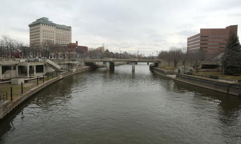 The Flint River is seen flowing thru downtown in Flint Michigan