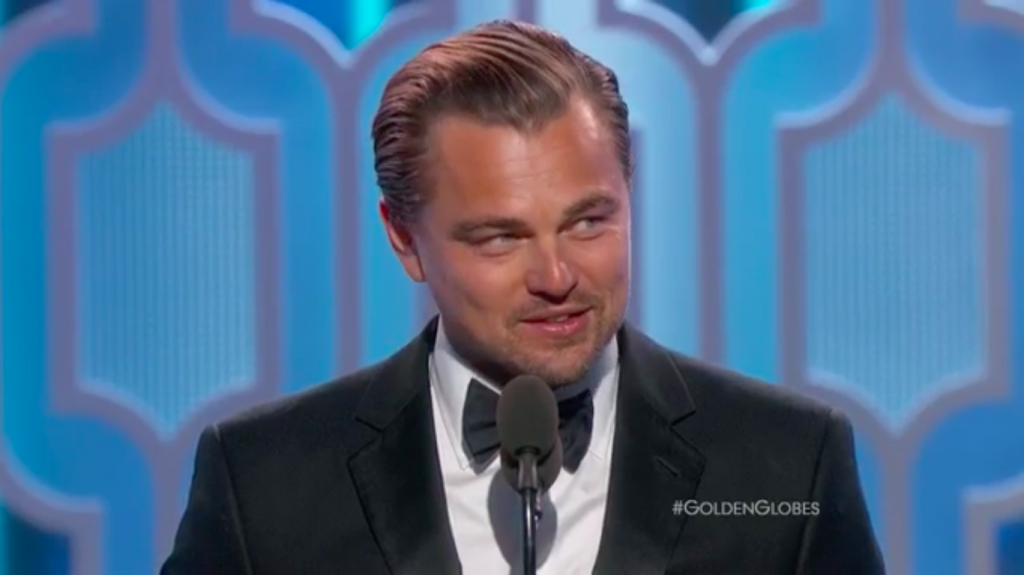 Leonardo Di Caprio gives his speech after receiving his award as best dramatic actor in his movie'The Revenant in the Golden Globe Awards