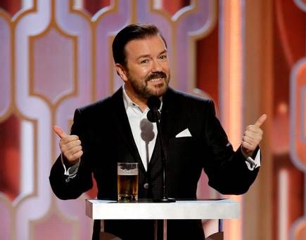 In this image released by NBC host Ricky Gervais appears at the 73rd Annual Golden Globe Awards at the Beverly Hilton Hotel in Beverly Hills Calif. on Sunday Jan. 10 2016