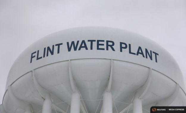 The top of a water tower at the Flint Water Plant is seen in Flint Michigan