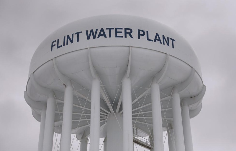 The top of a water tower is seen at the Flint Water Plant in Flint Michigan