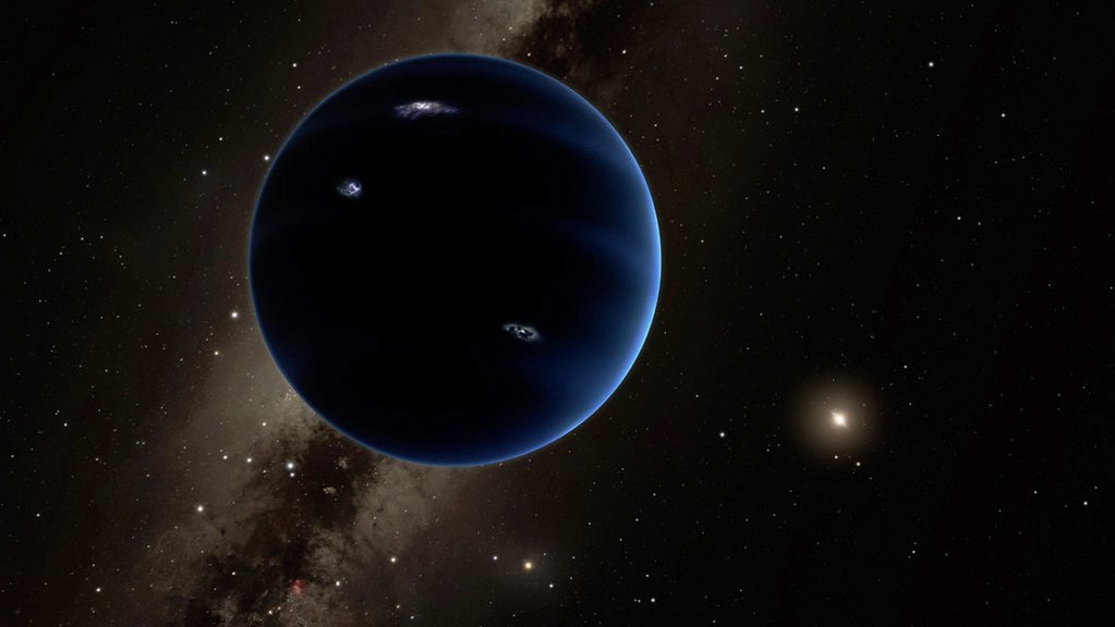 This artistic rendering shows the distant view from Planet Nine back towards the sun. The planet is thought to be gaseous similar to Uranus and Neptune. Hypothetical lightning lights up the night side
