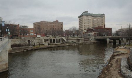 The Flint River is seen flowing through downtown in Flint Michigan