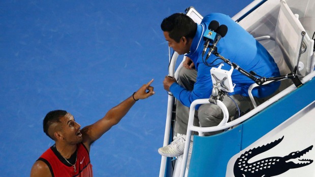 Australia's Nick Kyrgios points at umpire James Keothavong of Britain as they speak during his third round match against Czech Republic's Tomas Berdych at the Australian Open tennis tournament at Melbourne Park Australia