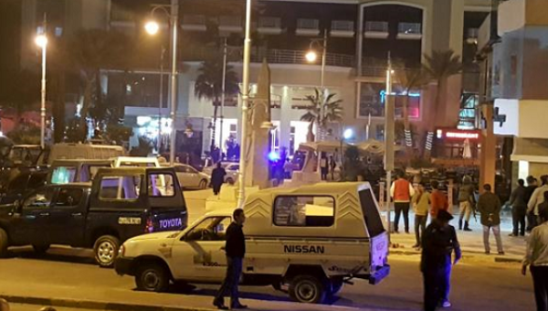 Security is ramped up outside a hotel where two attackers targeted tourists in the Egyptian Red Sea resort town of Hurghada Egypt Jan. 8 2016