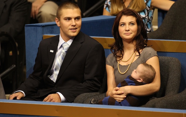 Track Palin sits with Willow Palin while holding Trig Palin on day three of the Republican National Convention in 2008 in St. Paul Minnesota