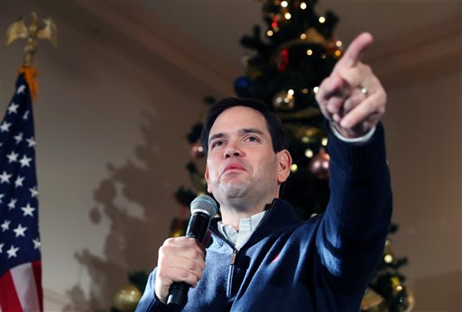 Republican presidential candidate Sen. Marco Rubio R-Fla. points to a potential supporter for a question during a campaign stop Monday Dec. 21 2015 in Rochester N.H