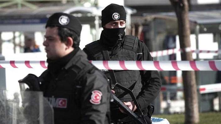 Turkish police officers secure the area after an explosion in the historic Sultanahmet district of Istanbul Tuesday Jan. 12 2016