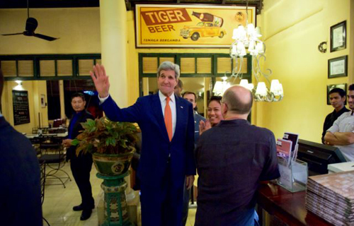 U.S. Secretary of State John Kerry walks into the Landmark Hotel upon arrival in Vientiane Laos Jan. 24 2016 during the beginning of an Asian tour