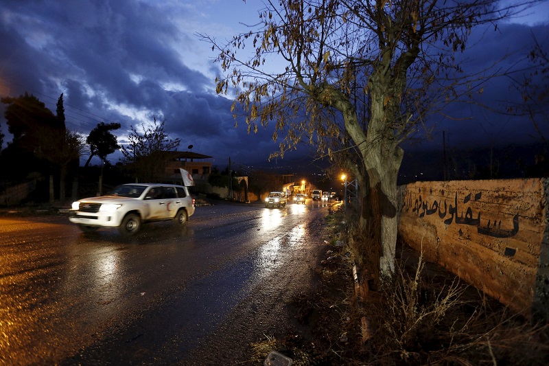 A Red Crescent aid convoy enters Madaya Syria. Aid supplies on Thursday reached the besieged Syrian town and two trapped villages for the second time this week. – Reuters pic