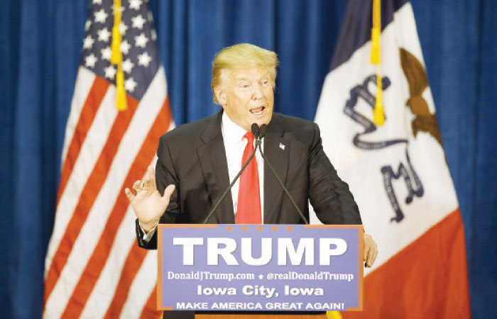 US Republican presidential candidate Donald Trump speaks at a campaign rally at the University of Iowa in Iowa City Iowa on Tuesday. — Reuters