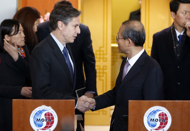 South Korean First Vice Foreign Minister Lim Sung-nam right and U.S. Deputy Secretary of State Antony Blinken shake hands after speaking at a press confere