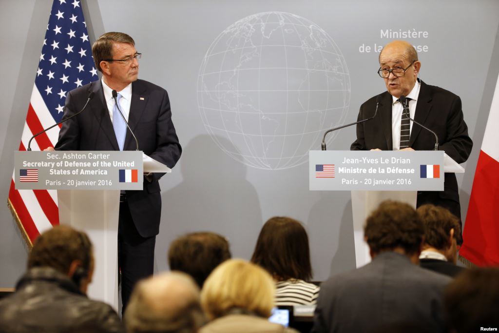 French Defense Minister Jean Yves Le Drian and U.S. Defense Secretary Ash Carter speak at a news conference at the French Defense Ministry in Paris Jan. 20 2016