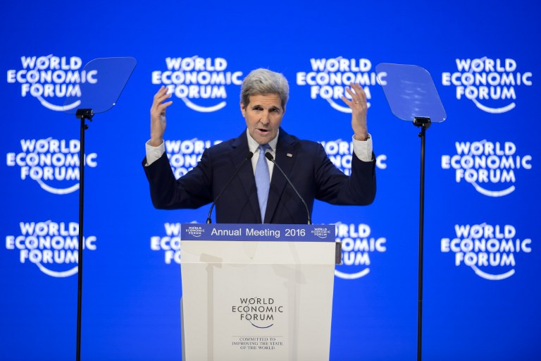 US Secretary of State John Kerry addresses the assembly at the World Economic Forum annual meeting in Davos