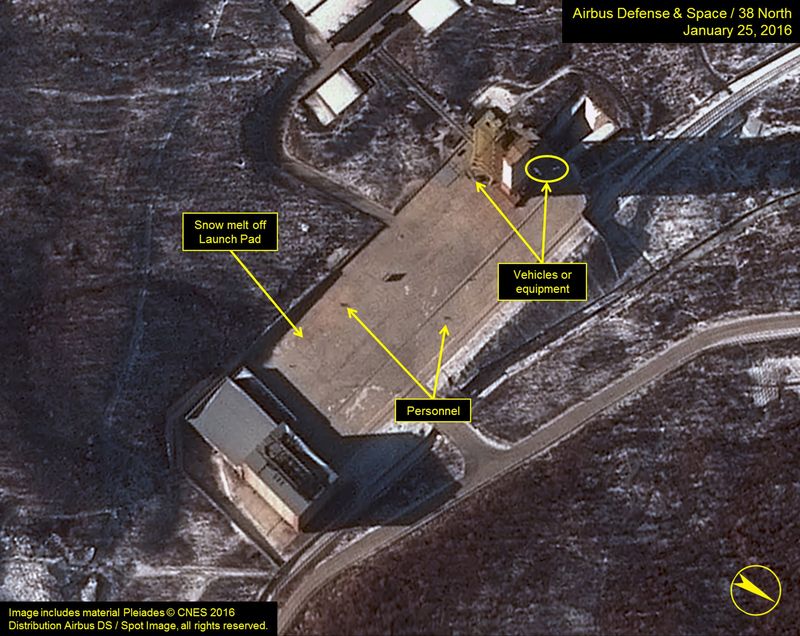 Airbus Defense & Space and 38 North satellite imagery shows three objects at the base of the gantry tower that are either vehicles or equipment at Sohae Satellite Launching Station in North Korea. – Reuters pic