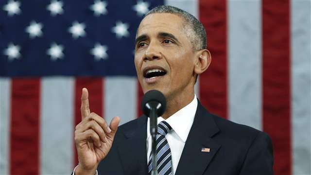 U.S. President Barack Obama emphasizes a point while delivering his final State of the Union address to a joint session of Congress in Washingt