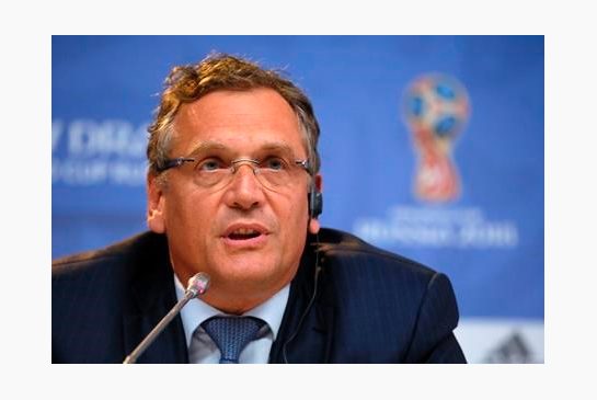 FIFA Secretary General Jerome Valcke attends a press conference near Constantine Palace in St. Petersburg Russia on the eve of the Preliminary draw for the 2018 World Cup in Russia.. FI