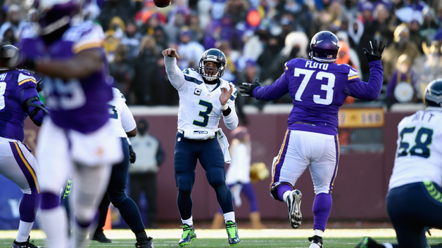 MINNEAPOLIS MN- JANUARY 10 Russell Wilson #3 of the Seattle Seahawks throws a pass in the fourth quarter against the Minnesota Vikings during the NFC Wild Card Playoff game at TCFBank Stadium