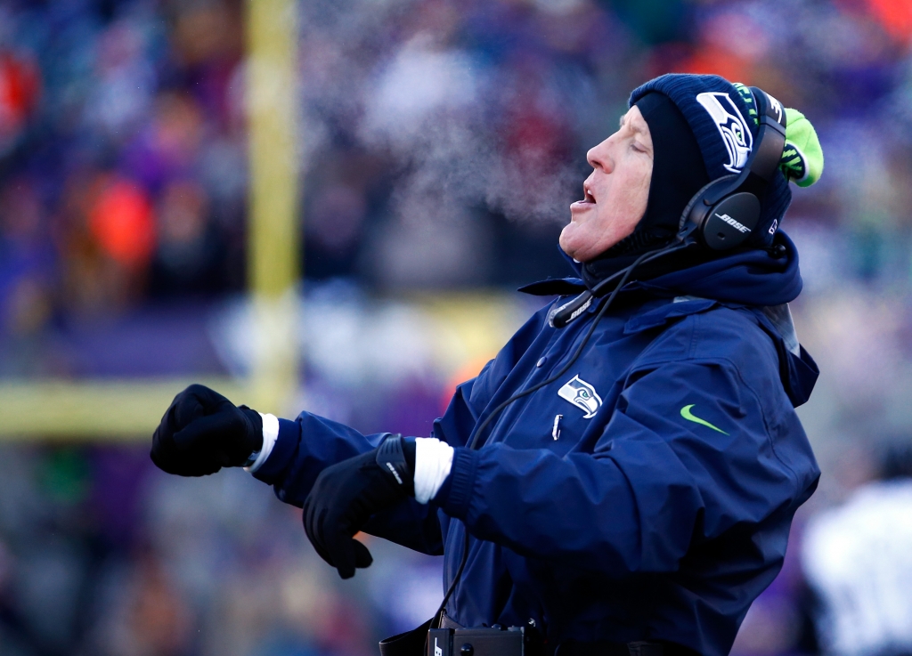 MINNEAPOLIS MN- JANUARY 10 Head coach Pete Carroll of the Seattle Seahawks reacts on the sidelines during the NFC wild card playoff game against the Minnesota Vikings at TCFBank Stadium