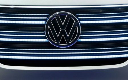 The Volkswagen emblem is shown on the grill of Volkswagen's BUDD-e electric vehicle during a keynote address at the 2016 CES trade show in Las Vegas Nevada