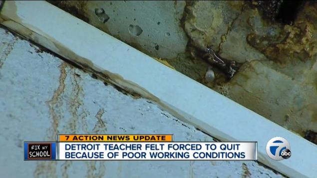 Wednesday's walkout was the largest yet as teachers draw attention to conditions like this ceiling shown in a local TV report