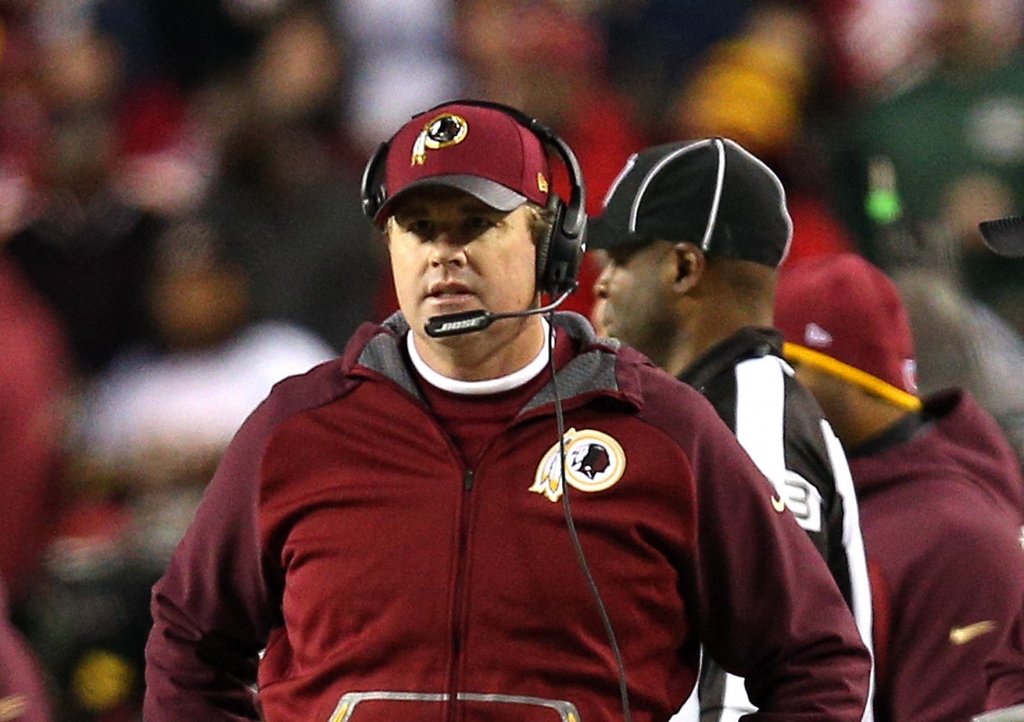 Head coach Jay Gruden of the Washington Redskins looks on against the Green Bay Packers in the second quarter during the NFC Wild Card Playoff game at FedExField