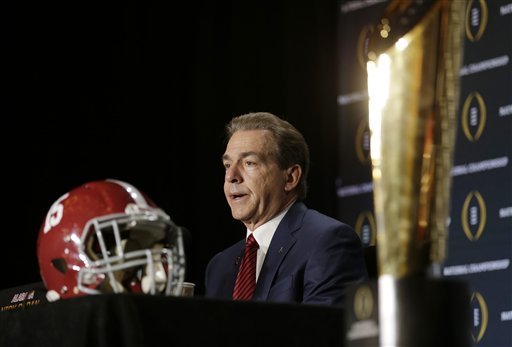 Alabama head coach Nick Saban speaks during a news conference for the NCAA college football playoff championship game Sunday Jan. 10 2016 in Glendale Ariz