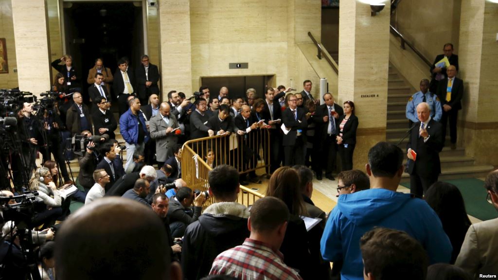 U.N. mediator for Syria Staffan de Mistura delivers a statement after the opening of the Syrian peace talks at the United Nations European headquarters in Geneva Switzerland Jan. 29 2016